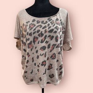 Lavish Plus Short Sleeve Pink Sweater Metallic Animal Print Ruched Sides Size 2X
